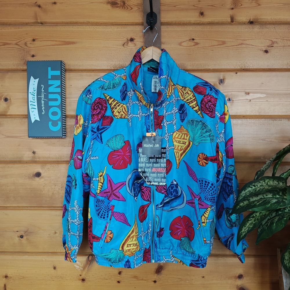 Vintage 90s Mureli NWT 670DS Sea Shell Wash Silk Windbreaker Jacket Nautical Med